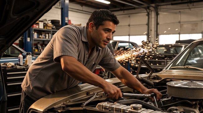 Male mechanic working on classic car engine in auto repair shop. Technician using wrench under open hood of vintage vehicle. Automotive restoration and maintenance concept