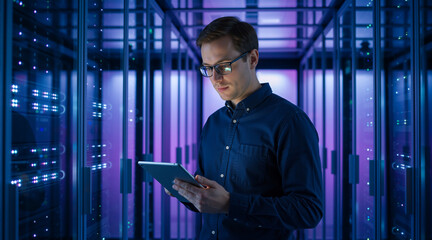 Fototapeta premium IT specialist monitoring servers with a tablet in a data center. System administrator working in a modern server room with blue and purple lights