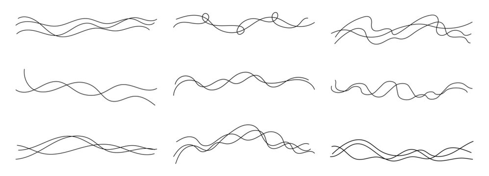 Long squiggly set with wavy squiggle pattern for line curve cable. Continuous thin vector with bounce tangle loopy for knot wave curvy. Organic doodle black with wiggle swirl loop for wire.