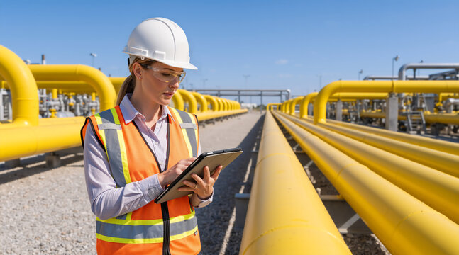 Female engineer using digital tablet at pipeline facility. Industrial inspector in hard hat and safety vest checking yellow gas pipes