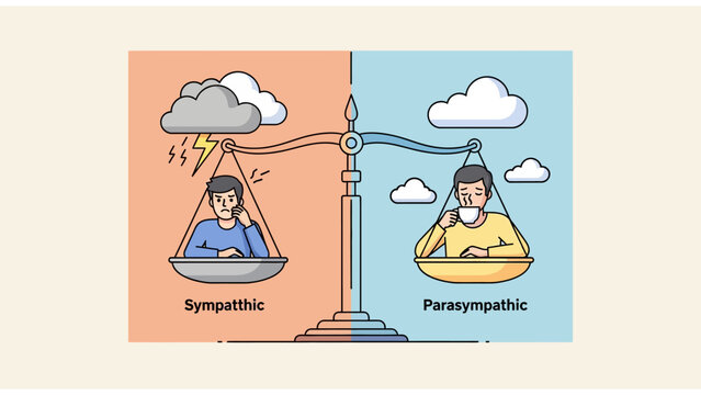 Autonomic Nervous System Balance Illustration comparing sympathetic stress and parasympathetic relaxation states on a scale, ideal for medical education and mental health blogs.