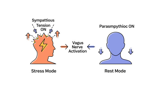 Vagus Nerve Activation Diagram comparing Stress and Rest modes with human silhouettes, ideal for mental health blogs and medical education.