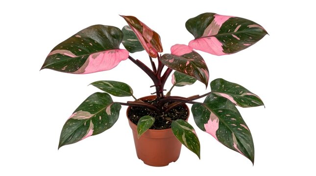 A pink and green plant with large, variegated leaves in a brown pot on a white background.