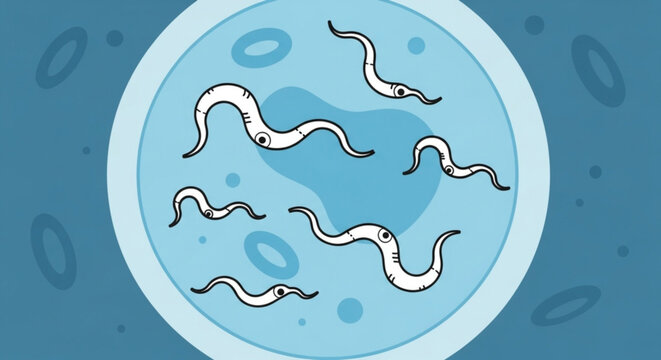 Animated microscopic view of parasitic worms swimming in blue blood plasma with cell structures for medical research visual