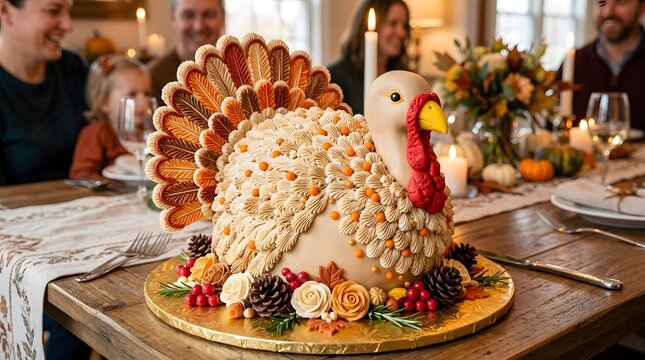 Beautiful turkey shaped cake for thanksgiving dinner table