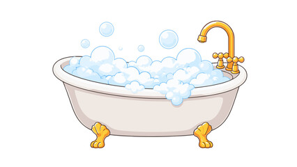 Naklejka premium Cartoon bathtub filled with soap bubbles and golden faucet