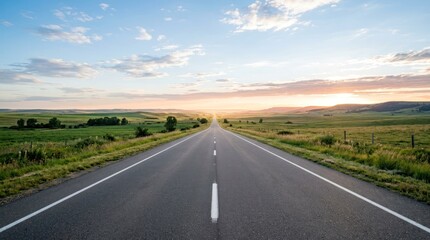 Obraz premium A long, straight road stretching into the distance with a clear blue sky and scattered clouds above.