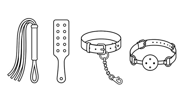 Outline set of flogger, paddle, collar, and strap accessory