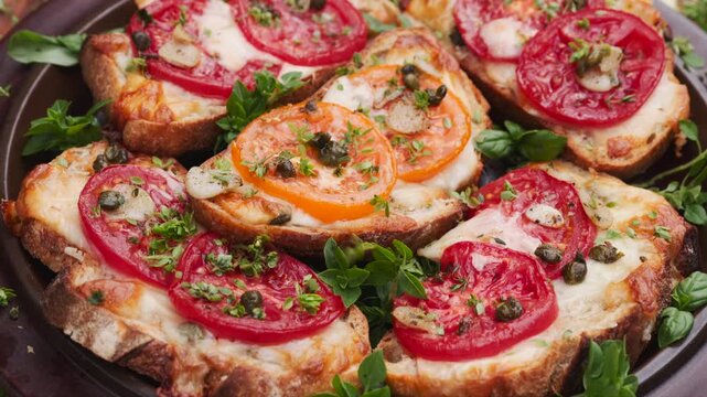 Grilled sourdough bread sandwiches, bruschettas with cheese, tomatoes, capers and garlic sprinkled with aromatic herbs, close-up view