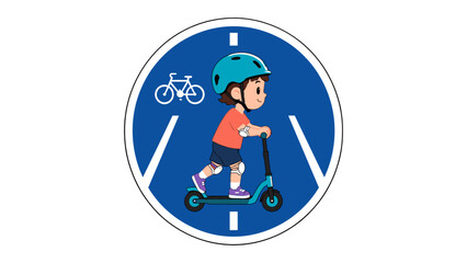 Fototapeta premium Child riding a kick scooter on a blue lane sign illustration