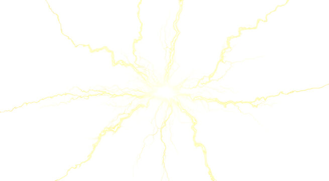A bright yellow lightning strike exploding outwards with electric energy on a transparent background
