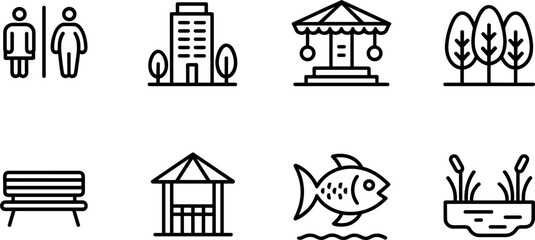 Naklejka premium Public Park and City Recreation Icon Set with Restrooms, Buildings, Carousels, Trees, Benches, Gazebos, Fish, and Pond Symbols for Map, Navigation, and Tourism Designs