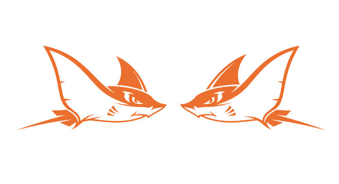 Two orange shark head silhouettes facing each other.