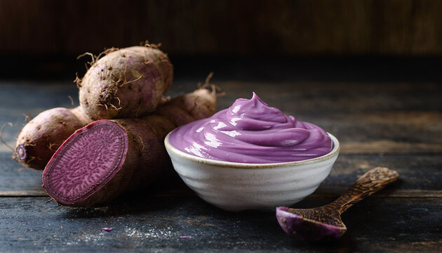 Frische Ube-Wamswurzeln und traditionelles Ube-P&uuml;ree