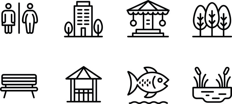 Public Park and City Recreation Icon Set with Restrooms, Buildings, Carousels, Trees, Benches, Gazebos, Fish, and Pond Symbols for Map, Navigation, and Tourism Designs