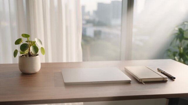 Minimalist tech desk setup in bright modern office, cinematic cinemagraph