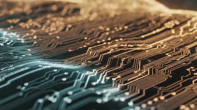 Glowing digital circuit board pattern with bright golden light