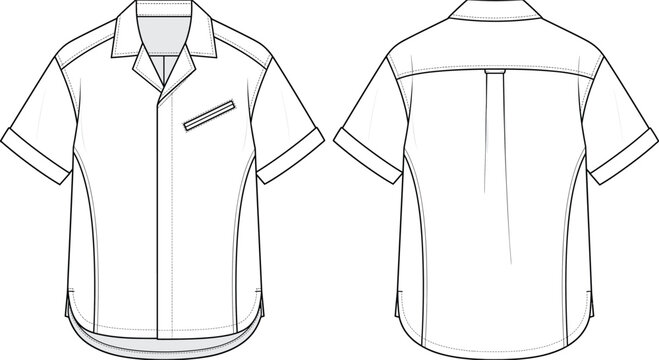 Men's Short Sleeve Button Up Shirt Technical Flat Sketch Front and Back View