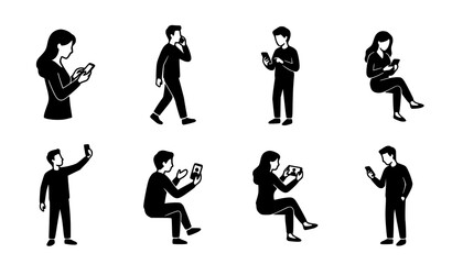 Diverse people using smartphones black silhouette vector illustrations © Nurnobi