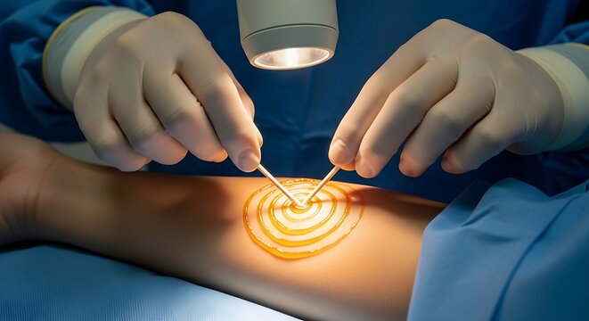 Surgeon's gloved hands meticulously perform a precise surgical procedure on skin under bright operating lights.