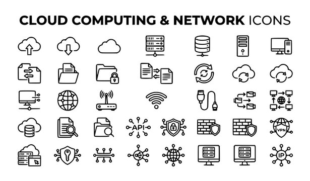 Cloud computing and network icons set linear style vector illustration