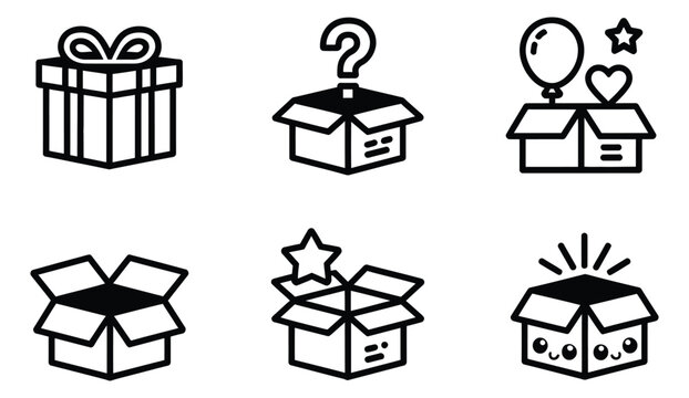 Mystery box line art icons featuring presents, question marks, and surprise elements for promotional marketing, contest banners, and vector illustration background.
