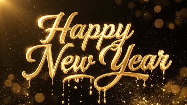 Golden Happy New Year text with glitter on dark background