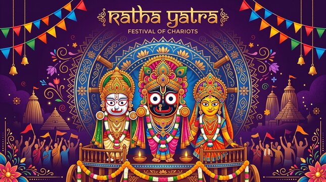 Illustration of Lord Jagannath Rath Yatra festival of odisha India celebration background.
