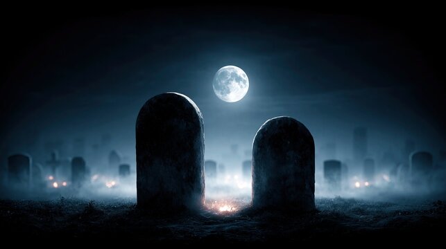 Two old stone tombstones standing in misty graveyard under glowing full moon on dark spooky night represents halloween and death afterlife concept
