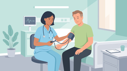 Obraz premium Doctor checking male patient's blood pressure in clinic room