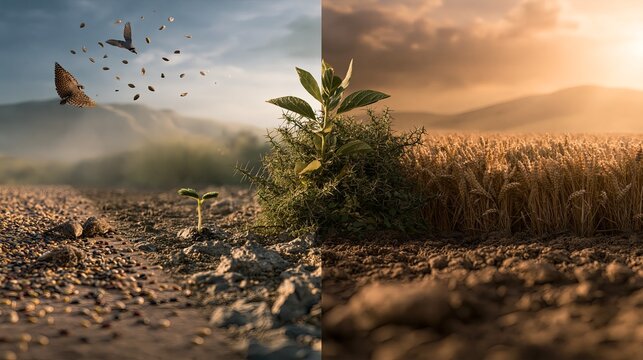 Parable of the sower showing seeds on different soils. Seeds scattered on different types of ground illustrating the biblical parable of the sower