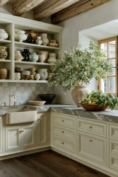 Classical European estate scullery featuring warm cream cabinetry, decorative pottery, and a large window with natural light illuminating the interior design