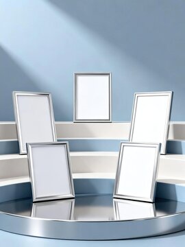 Five empty vertical silver picture frames arranged on curved stepped circular metallic display pedestal against light blue wall ready for custom photo or artwork mockup