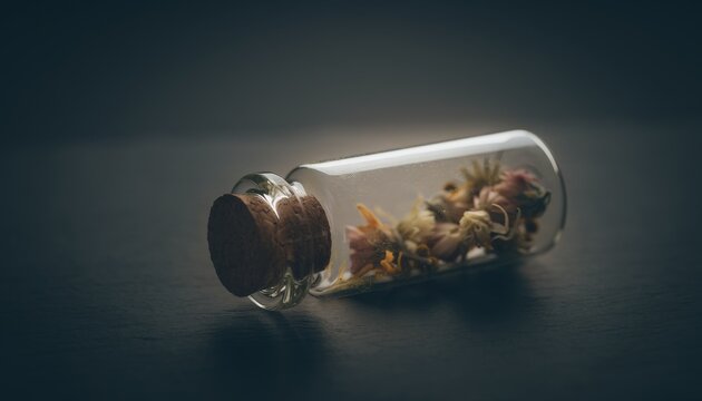 Dried cannabis flower buds inside a small glass bottle with a cork stopper.