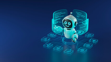 AI agent robot workflow automation orchestrator artificial intelligence data coding icon flow process assistant technology futuristic 3d rendering.