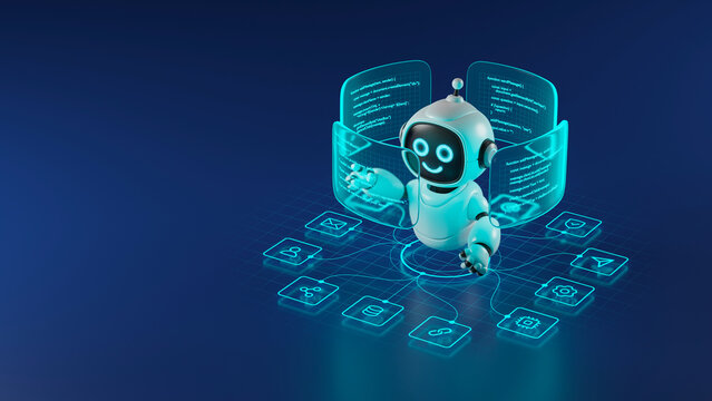 AI agent robot workflow automation orchestrator artificial intelligence data coding icon flow process assistant technology futuristic 3d rendering.