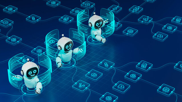 AI agent robot workflow automation orchestrator artificial intelligence data coding icon flow process assistant technology futuristic 3d rendering.