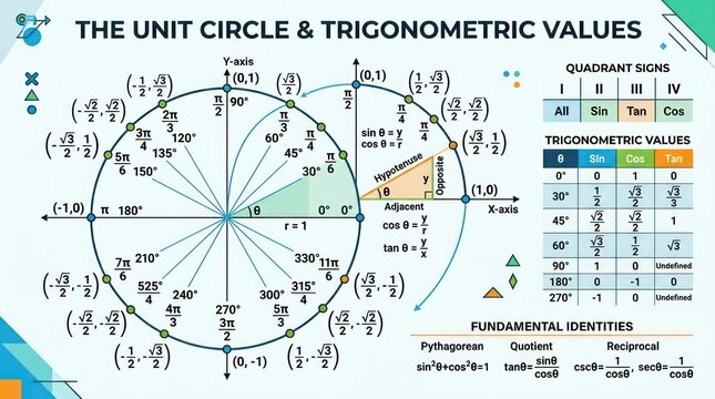 Unit circle diagram with trigonometric values for mathematical study and geometry lessons.
