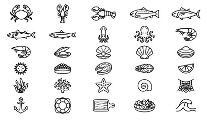 Collection of seafood fresh fish and marine underwater line elements © MDSUJON