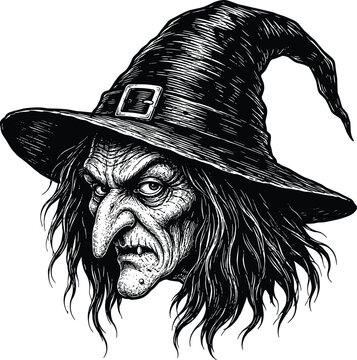 Detailed Hand Drawn Illustration of a Scary Wicked Witch Wearing a Traditional Pointed Halloween Hat