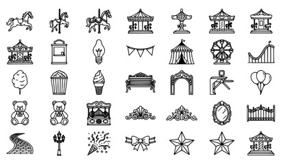 Collection of amusement park carousel rides carnival attractions and vintage fairground line elements © MDSUJON