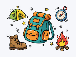 Fototapeta premium Camping tent hiking backpack outdoor adventure doodles