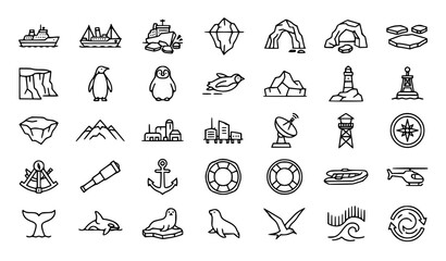 Collection of Arctic polar expedition Antarctic wildlife nature marine navigation and research line elements © MDSUJON