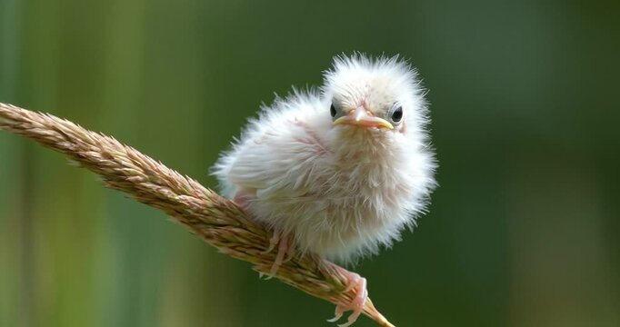 A small, fluffy newborn bird perched on a single blade of grass in a field, nature wildlife close-up.