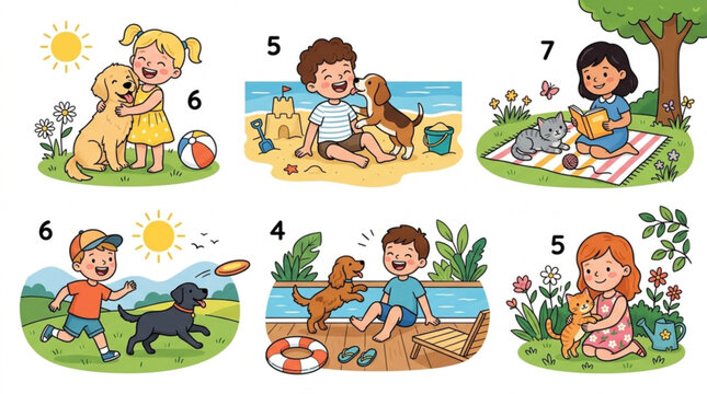 Children Playing with Pets Outdoors in Bright Sunny Settings with Trees Beaches and Plants