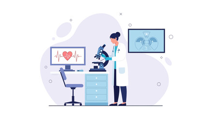 Fototapeta premium Doctor examining sample under microscope in modern laboratory and heart monitor display