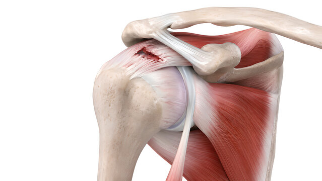 Shoulder rotator cuff tear with supraspinatus tendon injury, photorealistic medical 3D illustration for orthopedic education, radiology reference, healthcare design, and patient information