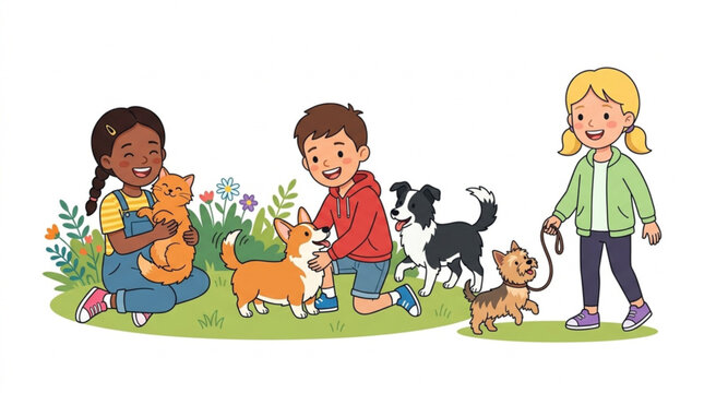 Children and dogs outdoor playgroup kids with puppies and kittens sunny day cheerful family scene