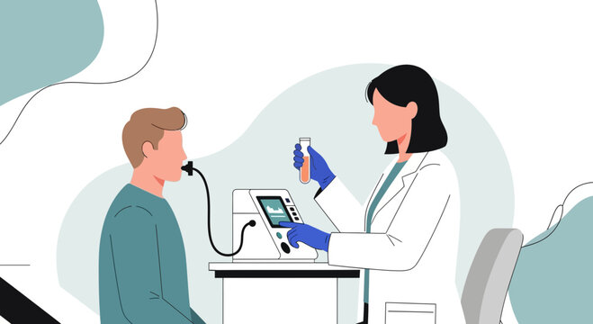 Doctor performing lung function test on patient with spirometer