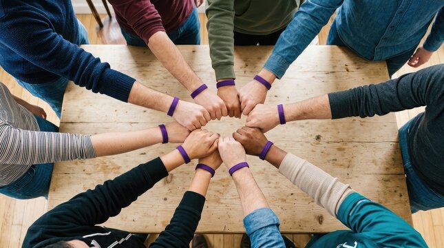 Friendship day banner background with diverse group of friends stacking hands in unity